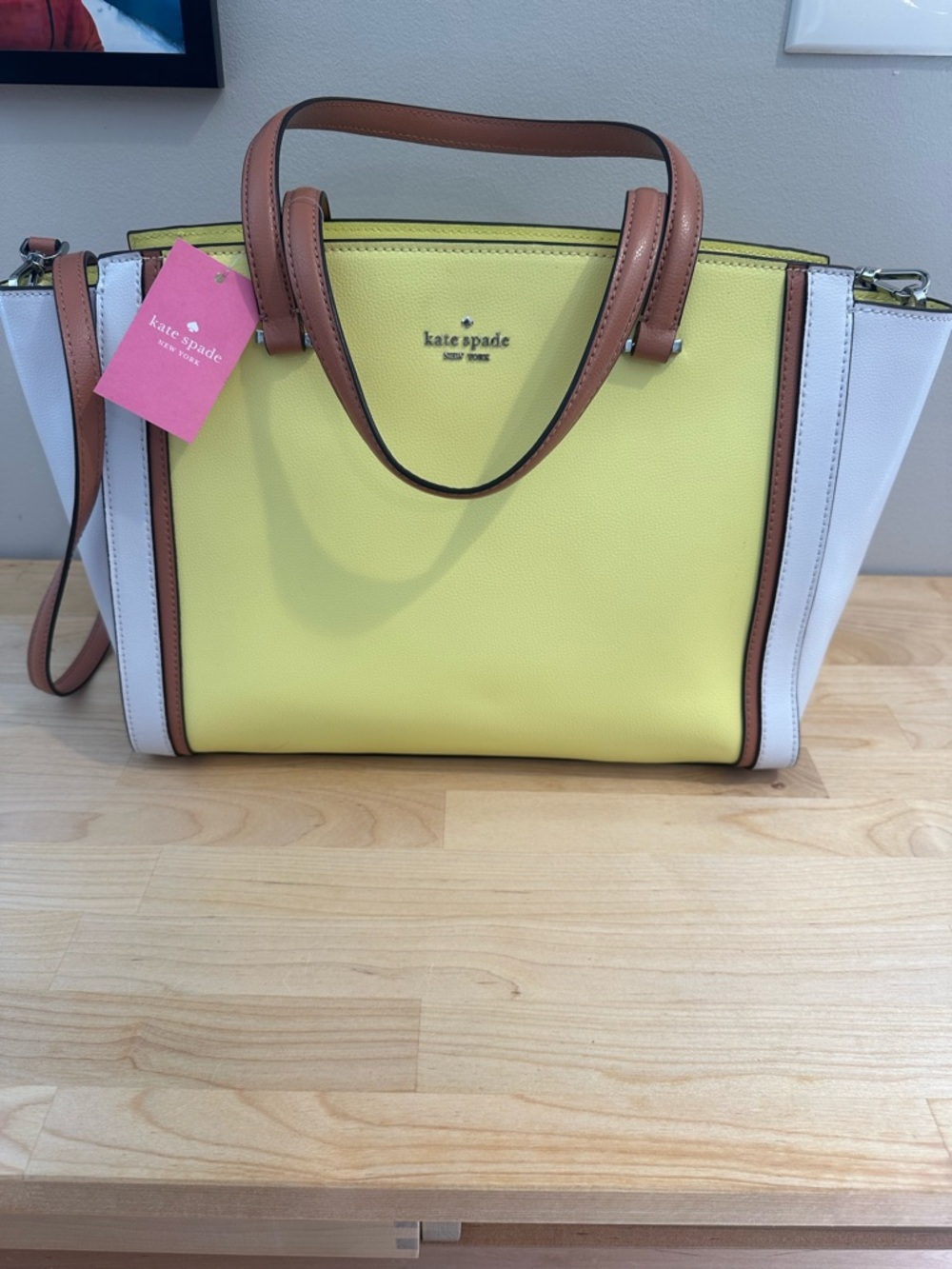 Kate Spade Yellow, White & Brown Leather Tote